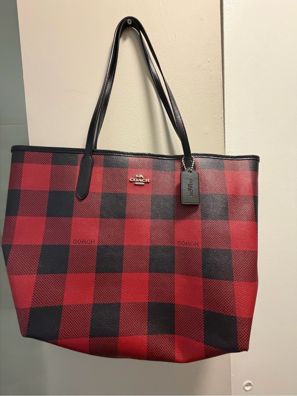 Coach Red and Black Buffalo Plaid Tote